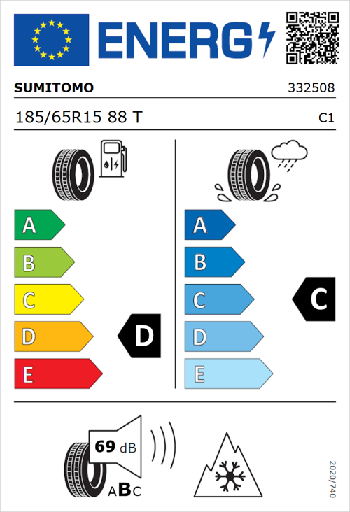 Tyre Label for Sumitomo WT200 185/65R15 88T