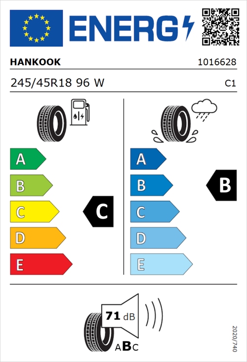 Tyre Label for Hankook Ventus Prime 3 K125 245/45R18 96W
