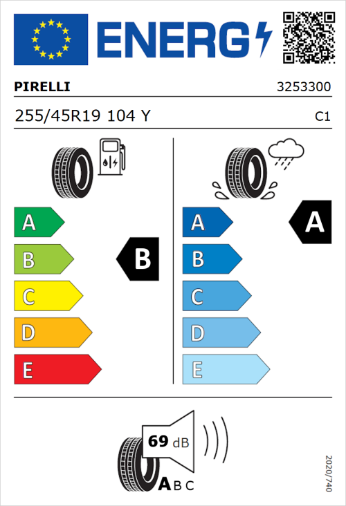 Tyre Label for Pirelli Cinturato P7 255/45R19 104Y