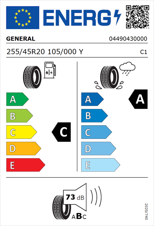Tyre Label for General Grabber GT Plus 255/45R20 105/000Y