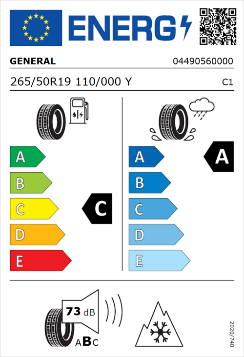 Tyre Label for General Grabber GT Plus 265/50R19 110/000Y