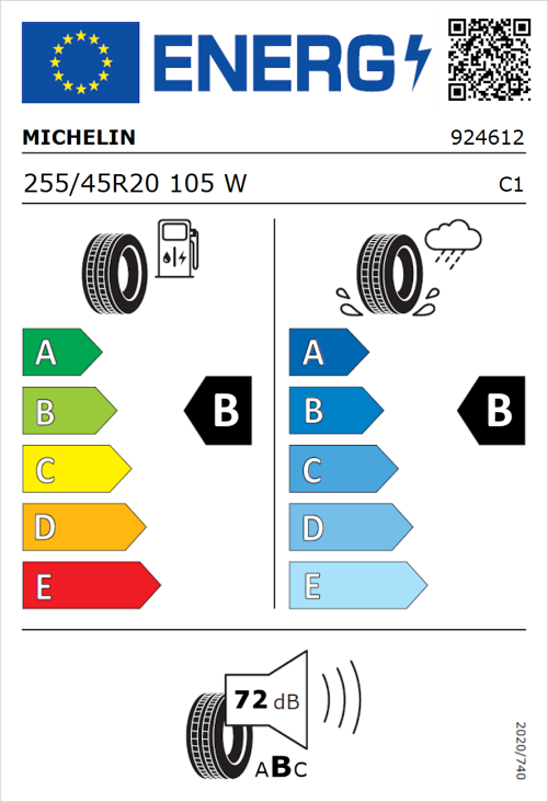 Tyre Label for Michelin Pilot Sport EV 255/45R20 105W