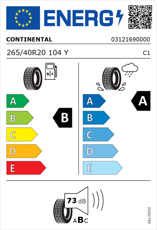 Tyre Label for Continental SportContact 6 265/40R20 104Y