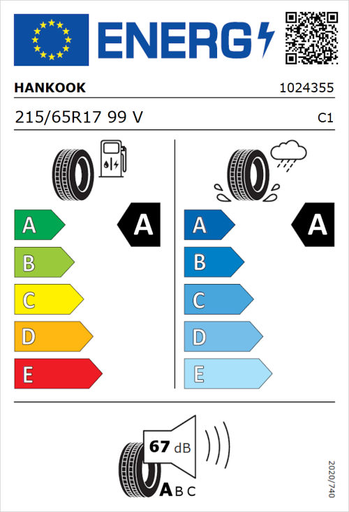 Tyre Label for Hankook Ventus Prime 3 K125 215/65R17 99V