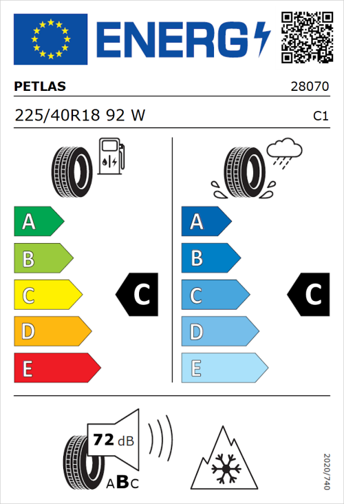Tyre Label for Petlas Multi Action PT565 225/40R18 92W