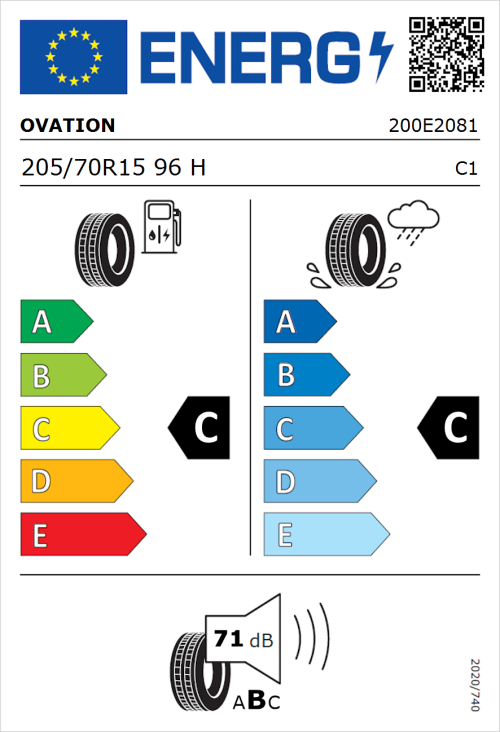 Tyre Label for Ovation VI-682 Ecovision 205/70R15 96H