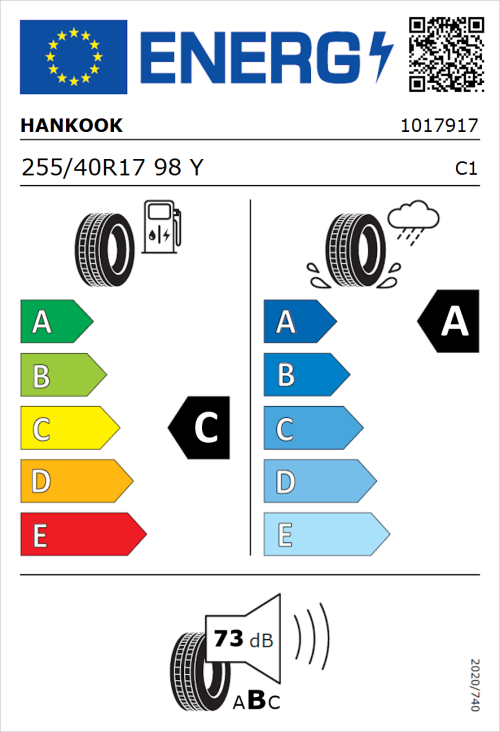 Tyre Label for Hankook Ventus S1 evo2 SUV K117 255/40R17 98Y